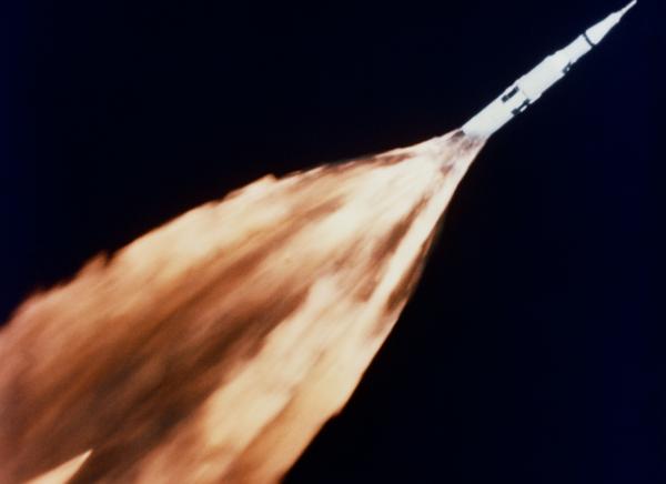 Apollo 6 Saturn V Rocket in Sky with Flame Trail