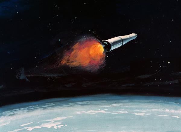 Artist Conception of Apollo Spacecraft and Saturn V Stage III in Earth Orbit