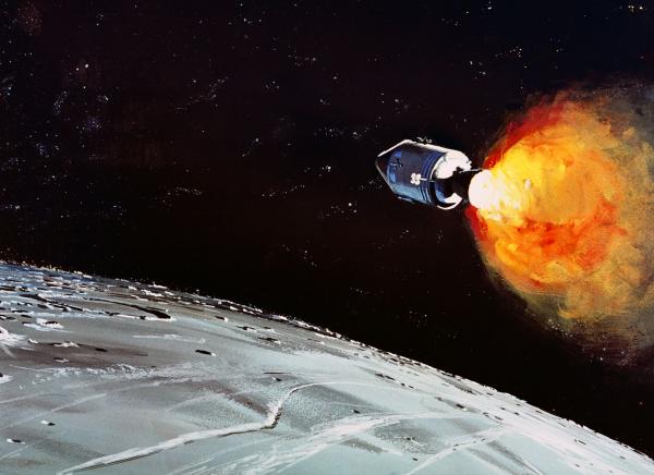 Command Service Module (CSM) Firing Its Engines in Lunar Orbit