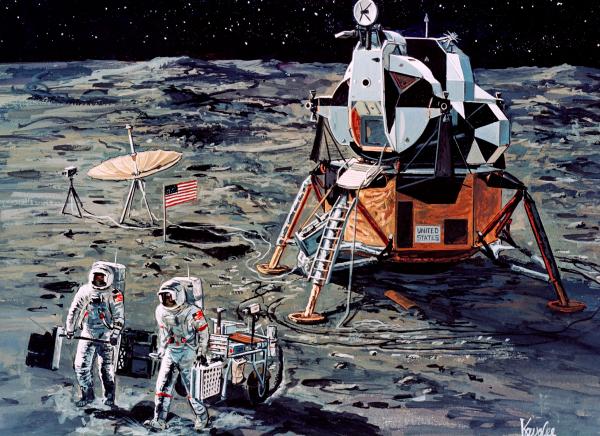 Illustration of the Apollo 14 Crew and Lunar Module on the Moon