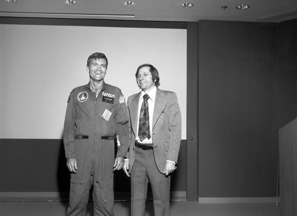 Astronaut Fred W. Haise Jr. with Engineer Russell Larson Astronaut Fred W. Haise Jr. with Engineer Russell Larson