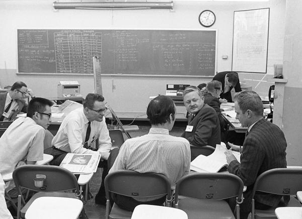 Hall, Battin, Hoag, and Others in SCAMA for the Apollo 8 Moon Mission