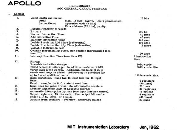 Preliminary Apollo Guidance Computer General Characteristics Preliminary Apollo Guidance Computer General Characteristics