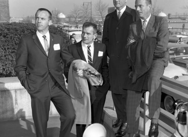 Mercury Astronauts Posed Outside of W7 With Press Mercury Astronauts Posed Outside of W7 With Press