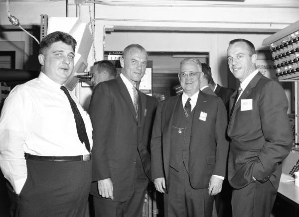 Milt Trageser, Astronaut John Glenn, Doc Draper, Astronaut Alan Shepard at MIT Lab Milt Trageser, Astronaut John Glenn, Doc Draper, Astronaut Alan Shepard at MIT Lab