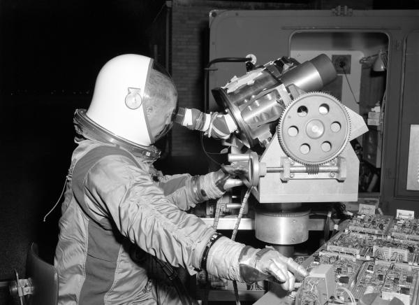 Astronaut In Spacesuit Testing Relief Eyepiece Optics Astronaut In Spacesuit Testing Relief Eyepiece Optics