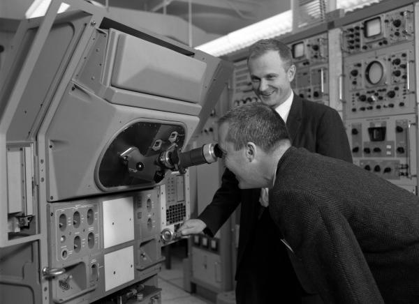 McDivitt and Hoag Looking at Apollo Guidance Navigation & Control Hardware 