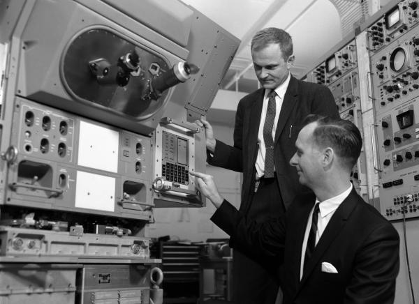 Duncan With Hoag Looking At Apollo Guidance Navigation & Control Hardware