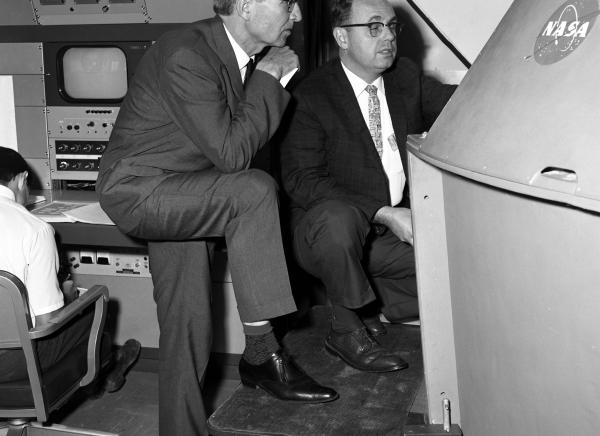 Letov and Nevins with the Lunar Excursion Module Simulator