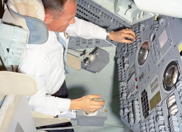 Astronaut Aldrin in Command Module Simulator