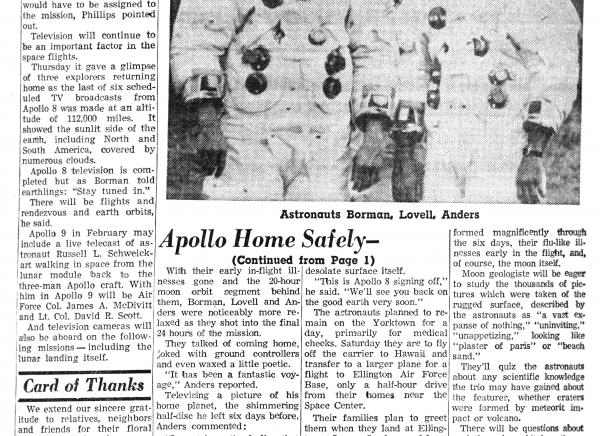 Apollo 8 Home Safely Newspaper Articles