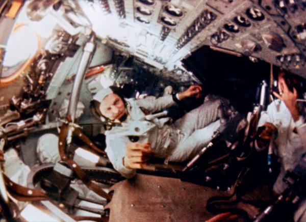 Astronaut Frank Borman Inside the Command Module