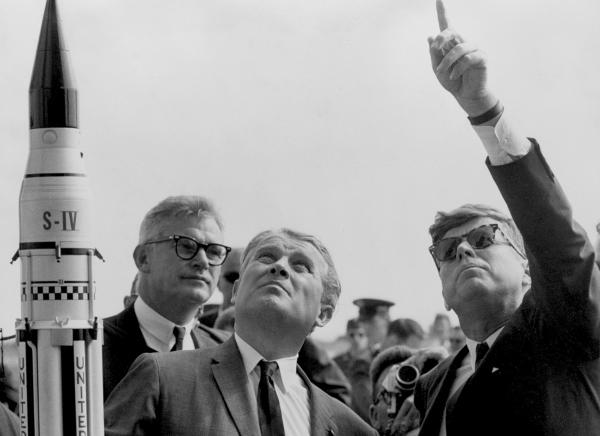 Robert Seamans, Wernher von Braun, and President John F. Kennedy Aboard the USS Kennedy for Polaris Launch