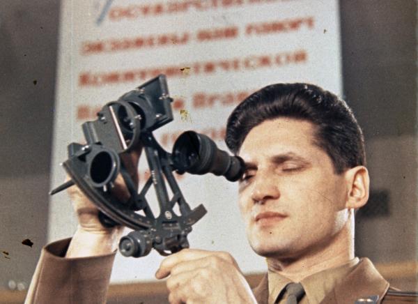 Russian Space Program Cosmonaut Using Sextant