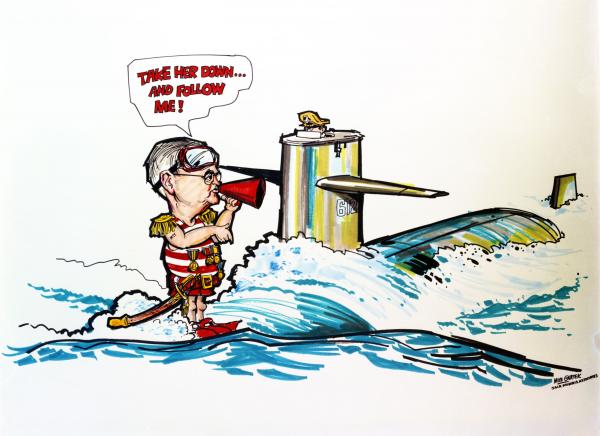 Cartoon of Doc Draper Atop a Diving Submarine