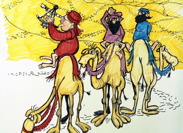 Cartoon of Charles Stark Draper Riding a Camel and Using a Sextant for Navigation