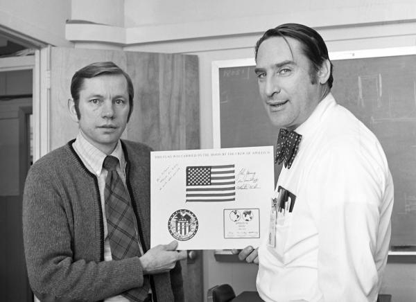 Phil Felleman & Russ Larson With American Flag That Was Flown On The Moon