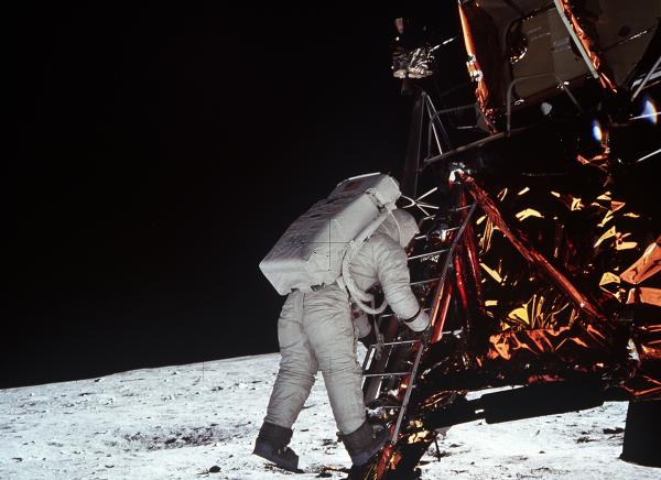 Astronaut Edwin Aldrin Descends Lunar Module Ladder