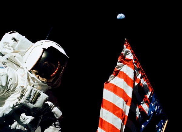 Apollo 17 Astronaut Harrison Schmitt with American Flag