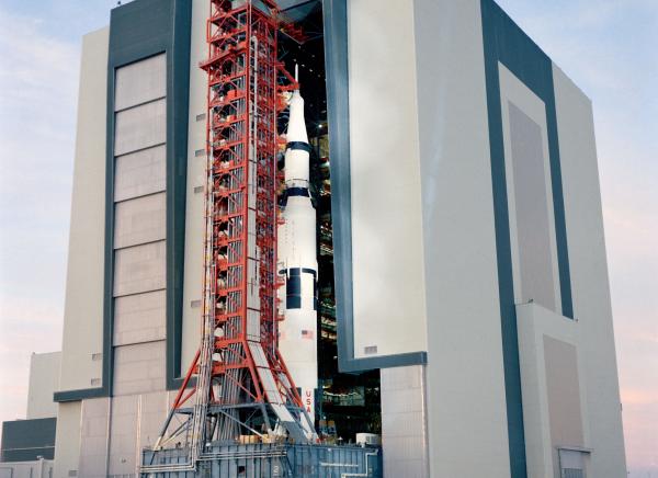 Saturn V Leaving Vehicle Assembly Building at KSC