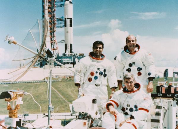 Apollo 17 Crew Cernan, Evans, and Schmitt with a Lunar Roving Vehicle