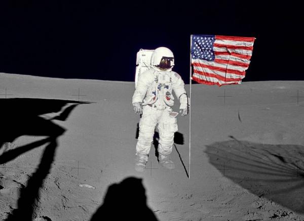 Apollo 14 Astronaut Edgar Mitchell with Flag on Moon